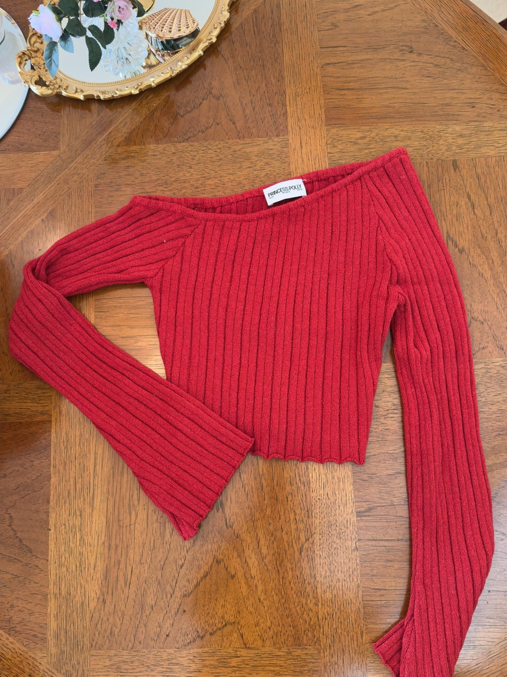 Princess Polly Red Ribbed Off-Shoulder Cropped Sweater - Size 4